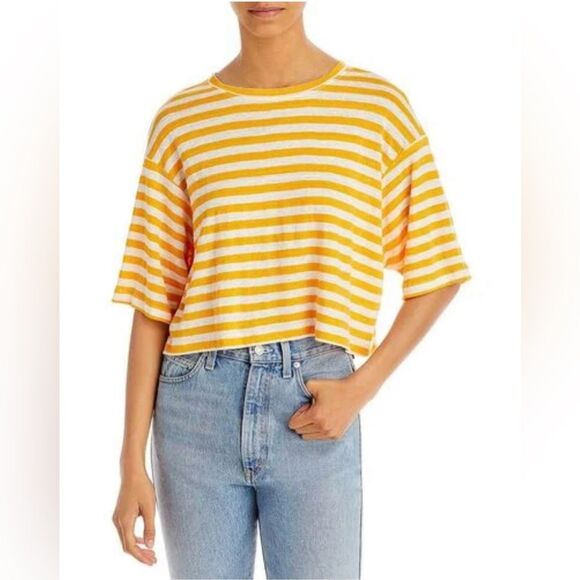 Frame Women Size Large Orange Off White Stripe Boxy Crop Organic Slub Linen Top - Picture 10 of 10
